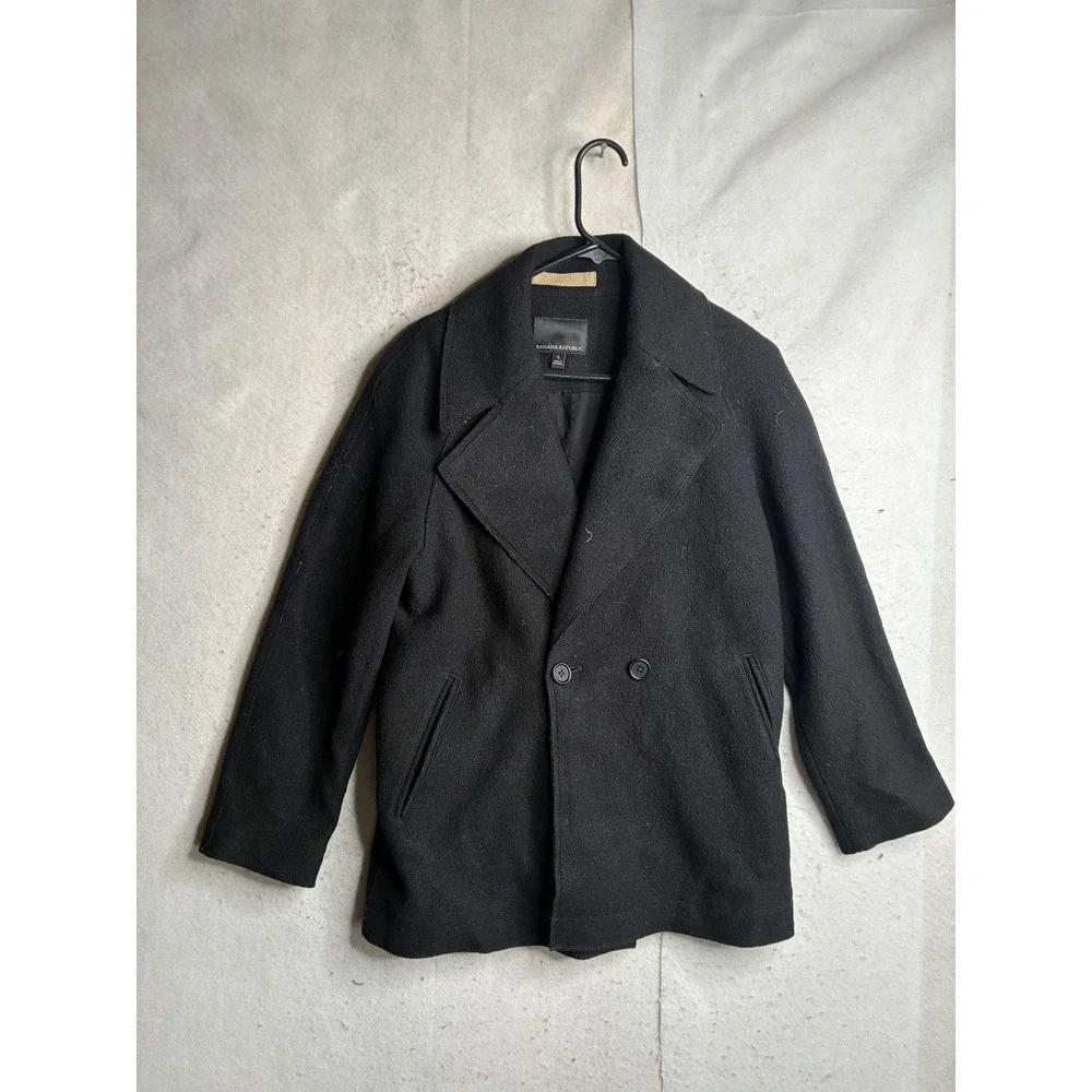 Banana Republic Mens Black 100% Wool Double Breasted Pea Coat Jacket Small
